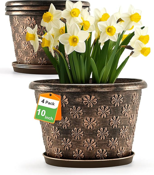 10 Inch Planter Pots for Plants, 4 Pack Plastic Large Flower Pots Indoor Outdoor, Resin Plant Pot with Drainage & Saucer, Retro Decorative Garden Pot with Removable Trays for House