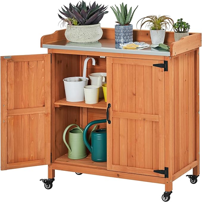 Yaheetech Garden Potting Bench Table - Outdoor Garden Patio Wooden Storage Cabinet & Solid Wood Planting Work Bench with Large Space Storage & Metal-Plated Tabletop, Brown