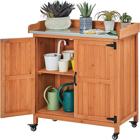 Yaheetech Garden Potting Bench Table - Outdoor Garden Patio Wooden Storage Cabinet & Solid Wood Planting Work Bench with Large Space Storage & Metal-Plated Tabletop, Brown