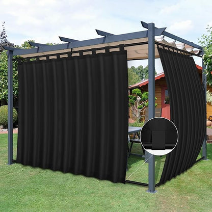 Easy-Going Outdoor Patio Curtains Detachable Tab Top Windproof Weatherproof Curtain for Cabana, Porch, Pergola and Gazebo, Tab Bottom Drape, 2 Panels, 110W x 96L inch, Black