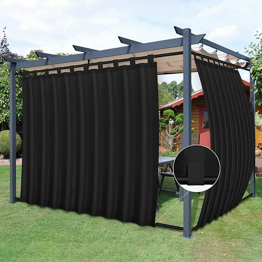 Easy-Going Outdoor Patio Curtains Detachable Tab Top Windproof Weatherproof Curtain for Cabana, Porch, Pergola and Gazebo, Tab Bottom Drape, 2 Panels, 110W x 108L inch, Black