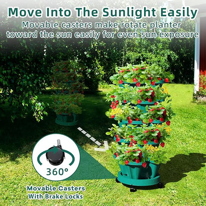 Strawberry Vertical Planters Tower Garden, 7 Tiered Stacking Herb Vegetable Planter with Support Pole Indoor and Outdoor - Hunter Green