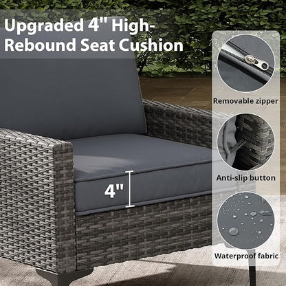 Jing's Villa 2-Piece Outdoor Sectional Single Chair Set, All-Weather Wicker Patio Furniture with L/R Armrest & Cushions, Comfortable Garden Conversation Set for Backyard, Poolside, Deck,Gery