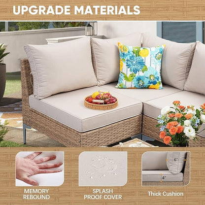 7 Piece Wicker Patio Furniture Set,Outdoor Conversation Sectional Sofa w/Coffee Table,All-Weather Outdoor Sofa with Thick and Anti-Slip Cushions for Deck,Poolside,Garden,Beige
