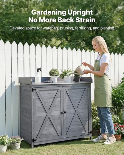 VEVOR Potting Bench Table, Outdoor Gardening Wooden Storage Cabinet with 39 x 19 in Wood Tabletop, Garden Planting Workstation with Large Storage Space for Patio, Backyard, Gray