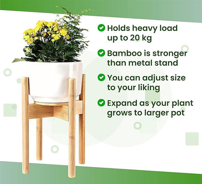 ZPirates Plant Stand for Indoor - Adjustable Sideways to fit 8 10 or 12 Inch-wide Medium-Large Planter Pots - Ideal for Live and Fake, Corner and Floor Plants - 14-inch Tall - Bamboo Wood