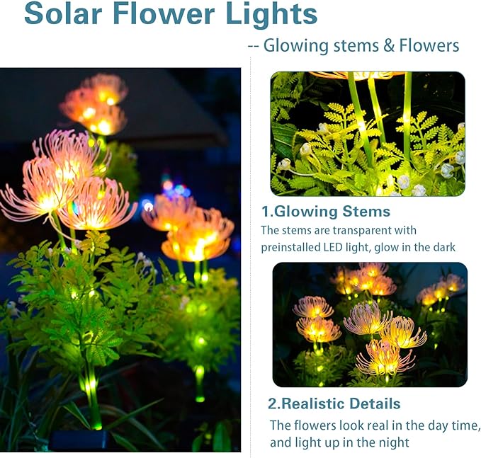 Solar Garden Lights, Solar Flowers Lights with Glowing Flowers & Stems, Upgraded Solar Panel, Outdoor Lights for Garden Decoration,Yard Decor and Gift for Mother (2 Pack)