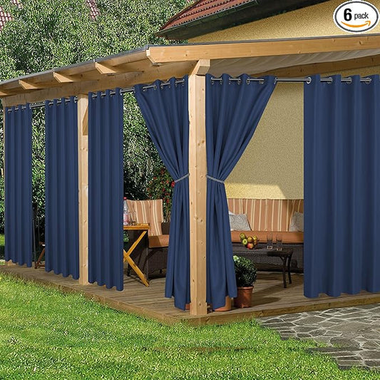 HolidayIdeas Outdoor Curtains for Patio Waterproof, 6 Panels - 54x95 Inches - Weatherproof Privacy Outsides Curtains for Cabana Porch Pergola, Sunlight & UV Blocking (Navy, Grommet Top)