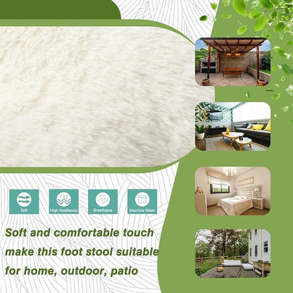 15" Foldable Foot Stool Ottoman with Metal Frame - Washable Faux Fur Beige Upholstered Indoor/Outdoor Footrest for Living Room, Bedroom, Patio - Space-Saving Compact Design