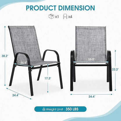 Outdoor Stackable Chairs Set of 6, Stacking Patio Chairs with Textilene Fabric, Outside Furniture for Garden Backyard Balconie Poolside Deck, Grey