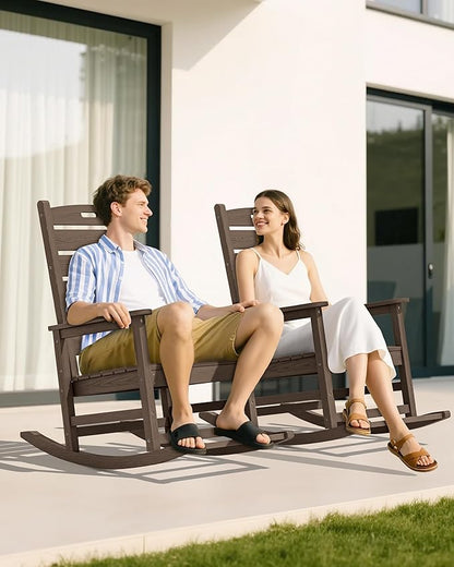 SERWALL Outdoor Rocking Chair Set of 2, Oversized Rocking Chair with Footboard for Adults, HDPE All Weather Resistant Rocking Chairs for Patio, 350lbs Weight Capacity,Coffee