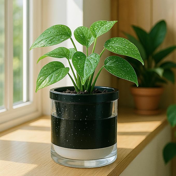 D'vine Dev 6 Inch Design Self Watering Planter for Indoor Plants, Black Terracotta Pot with Cylinder Glass Cup, Set of 2, 37-Y-B-3