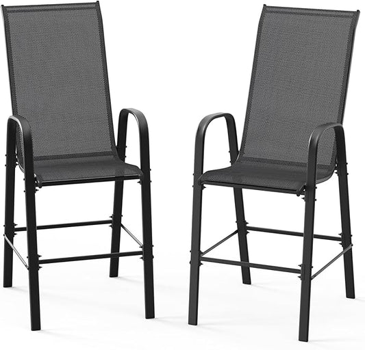 VINGLI Set of 2 Stackable Outdoor Bar Stools – Sling Chairs with High Back & Armrests, for Lawn, Garden, Bar, Black
