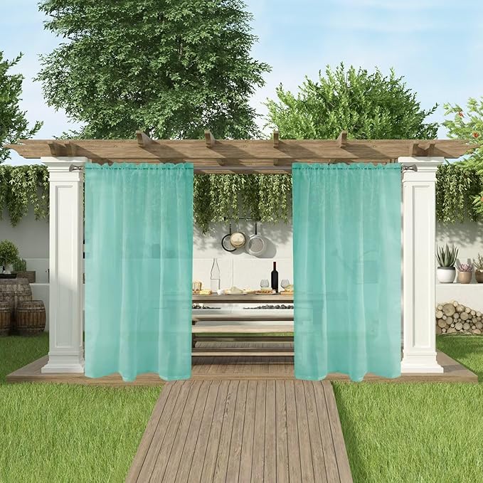 SpaceDresser Waterproof Outdoor Sheer Curtains for Patio - 2 Panels Rod Pocket Indoor Voile Sheer Curtain for Living Room,52W x 96L inch, Turquoise