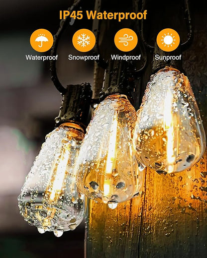 Outdoor String Lights Waterproof, 50FT Patio Lights with 26 ST38 Edison Bulbs (1 Sqare), Outside Hanging Decorative Lights for Porch, Blacony, Blackyard, Bistro, Garden, 2700K
