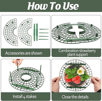 4 Sets Strawberry Plant Support with Mesh Plant Cover,Strawberry Growing Racks Sets with Iron Plant Nails and Storage Bag for Garden Strawberry Vegetables(White Net - Round)