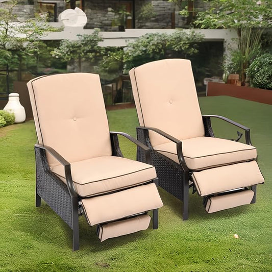 YITAHOME Outdoor Recliner Chair, 2-Piece Patio Adjustable Wicker Reclining Lounge Chairs, Dual-use Rattan Furniture Set with Soft Thick Cushions, Extended Footrest, Flip Back, Brown & Beige