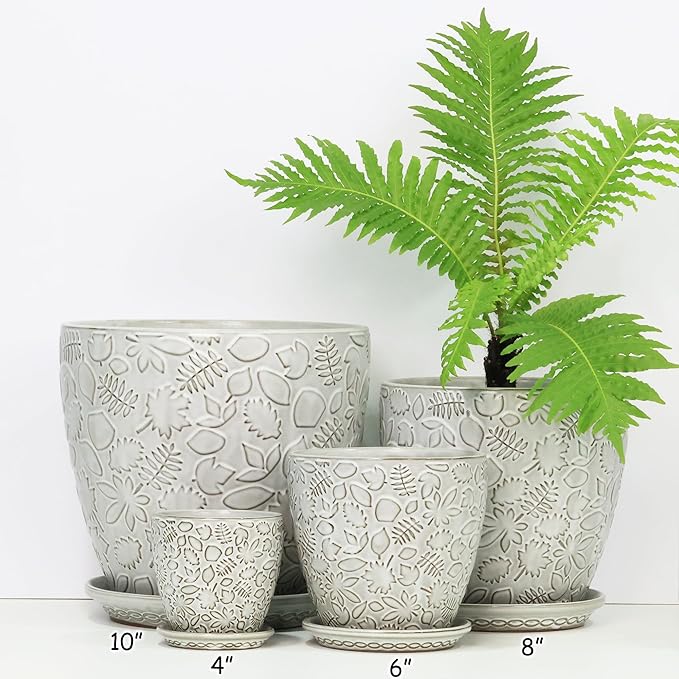 10inch Retro Ceramic Planter with Drainage Hole and Saucer for Multiple Plants, Indoor-Outdoor Garden Pots for Succulent, Orchid, and Flower (Fits Inner Pots Up to 9 Inch, Retro White)
