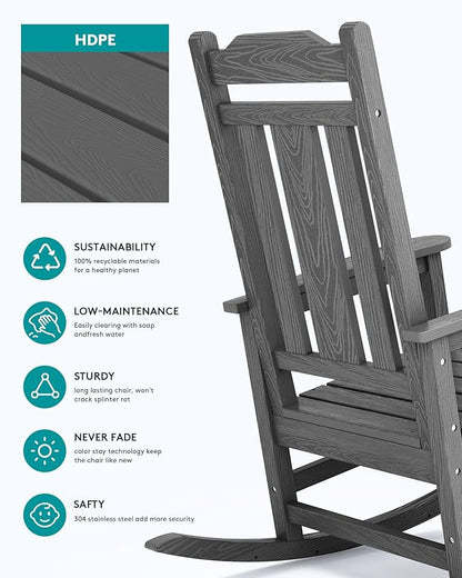 SERWALL Oversized Rocking Chair Set of 2 Outdoor, HDPE Outdoor Rocking Chair Set of 2, Grey