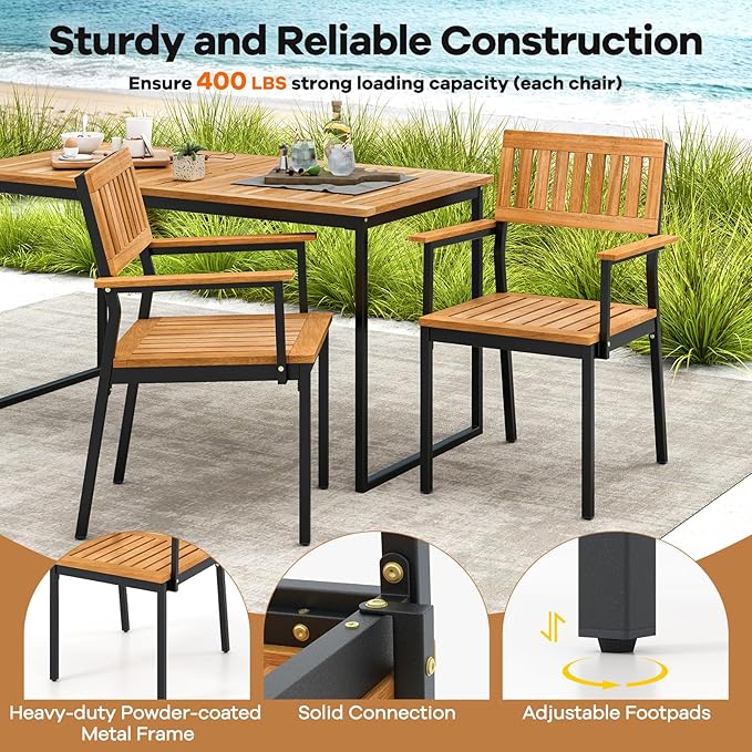Tangkula 6 Pieces Outdoor Acacia Wood Dining Set, Patio Table and Chairs Set with Bench for 6-7 People, Outdoor Dining Furniture Set with 2" Umbrella Hole for Garden, Backyard and Poolside