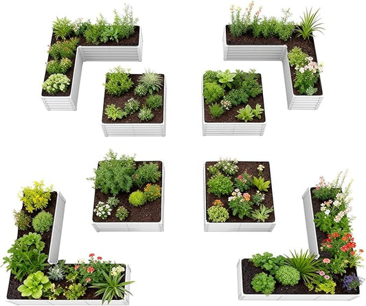 A ANLEOLIFE Set of 8, 18 Inch Tall Antique White Raised Garden Beds Kit, L-Shaped & Square Metal Planters – Ideal for Structured Backyard Layouts