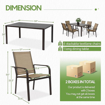 7 Piece Patio Dining Set for 6, 6 Stackable Textilene Chairs and 1 Dining Table Outdoor Furniture Set, Brown