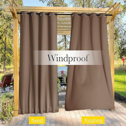NICETOWN 2 Panels Outdoor Curtains for Patio Waterproof, Top & Bottom Grommet & Back Tab, Blackout Outdoor Drapes with Rope for Fixed Windproof Keep Privacy & Warm for Porch, W52 x L95, Tan-Khaki