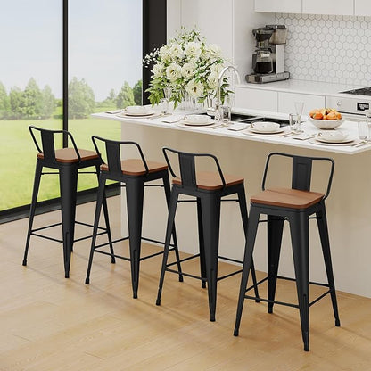 Yongchuang 30 inch Bar Stools Set of 2 Bar Height Metal Barstools with Wood Seat Low Back Kitchen Bar Chairs Matte Black