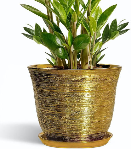 Ceramic Planter - 10 Inch Plant Pot with Drainage Hole and Saucer, Round Flower Pots for Indoor Outdoor, Large Modern Decorative Planter, Garden Room Home Decor, Gifts for Plant Lover, Gold