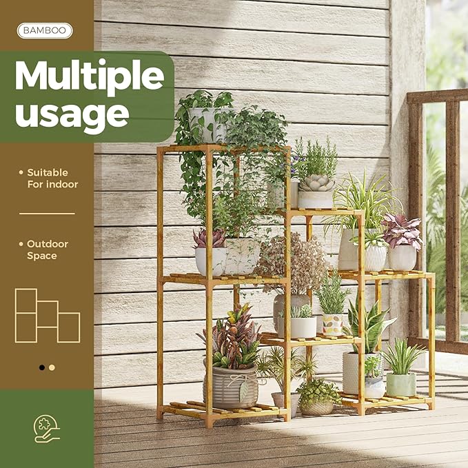 Bamworld Bamboo Plant Stand Indoor Boho Plant Shelf Tiered Plant Rack for Multiple Plants 3 Tiers 7 Pots Ladder Plant Holder Plant Table for Plant Pots Home Decor for Gardening Gifts Nature Color
