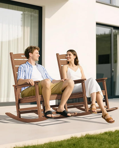 SERWALL Outdoor Rocking Chair, Oversized Rocking Chair with Footrest for Adults, HDPE All Weather Resistant Rocking Chairs for Patio, 350lbs Weight Capacity, Brown