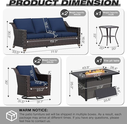 Joyside Wicker Patio Furniture Sets, 6 Pieces Upgraded Large Size Outdoor Furniture with Swivel Rocking Patio Chairs, Two 3-Seat Sofa, Fire Table, Coffee Table, Thick Cushions, Wide Armrest, Blue