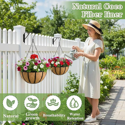 Black Flat Iron Metal Hanging Planter Basket with Coco Coir Liner(4 Pack, 16 Inch) Hanging Planters for Outdoor Plants Round Plant Flower Pots Hanging Flower Basket for Outdoor Patio Garden Decoration