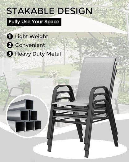 Outdoor Stackable Dining Chairs Set of 4, High-Back Patio Stacking Chairs, Patio Chairs with Textilene Farbic & Metal Frame for Lawn Backyard Deck Garden,Grey
