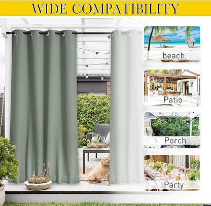 NICETOWN 2 Panels Weighted Outdoor Curtains for Patio Waterproof, Thermal Insulated Grommet & Back Tab on Top & Bottom Windproof Sun Blocking Drapes for Gazebo with Fixed Rope, Sage Green, W66 x L84
