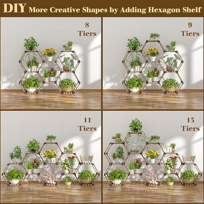 Tikea Plant Stand Indoor Outdoor Hexagonal Plant Stand for Multiple Plants Indoor Large Wooden Plant Shelf 7 Tiered Creative DIY Flowers Stand Rack for Living Room Balcony Patio Window