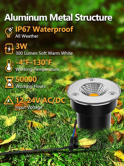 ZUCKEO Low Voltage Landscape Lights LED Well Lights 3W 12V-24V in Ground Light IP67 Waterproof Outdoor Low Voltage Landscape Lighting for Floor Driveway Deck Step Garden (8 Pack Warm White)