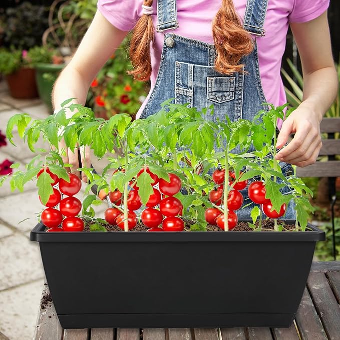 12Pcs 17Inches Rectangle Planter Box with Drainage Holes and Trays Plastic Planters Flower Boxes Pots for Indoor Outdoor Plants Patio Garden Home Decor Porch Yard (Gray)