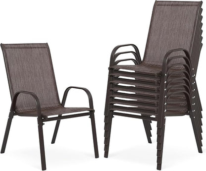 Outdoor Stackable Chairs Set of 8, Stacking Patio Chairs with Textilene Fabric, Outside Furniture for Garden Backyard Balconie Poolside Deck, Brown
