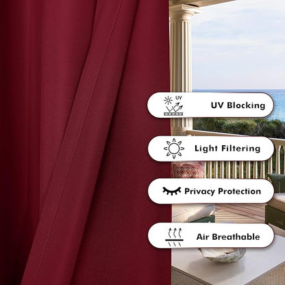 BONZER Waterproof Indoor/Outdoor Curtains for Patio Thick Privacy Grommet Curtains for Bedroom, Living Room, Porch, Pergola, Cabana, 1 Panel, 84W x 95L inch, Red