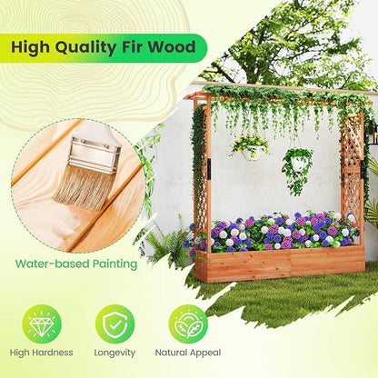Giantex Raised Garden Bed with Trellis & Hanging Roof, Wood Planter Box with Bottom and Drainage Holes, Freestanding Garden Planter for Flower Vegetable Fruit Herb Climbing Vines, 77"x17"x72"