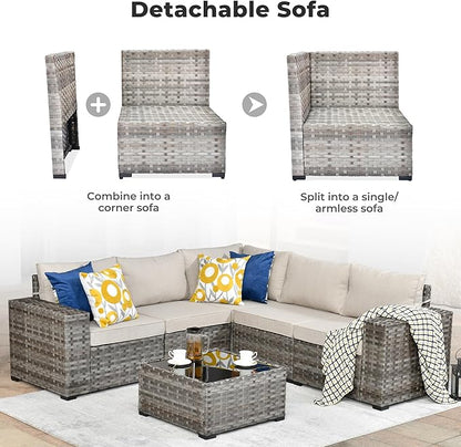 ovios 6 Pieces Patio Furniture Set, Outdoor Wicker Sectional Sofa with Glass Table Comfy Cushions, Modern Modular Deep Seat Couch Rattan Conversation Set, Beige