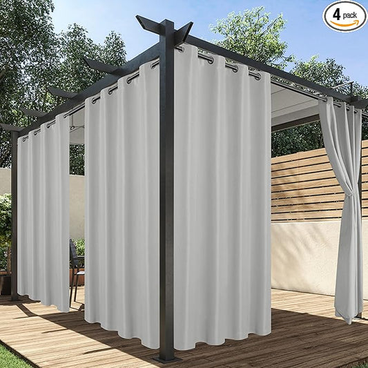 HolidayIdeas Outdoor Curtains for Patio Waterproof, 4 Panels - 54 x 95 Inch - Privacy Protection & Light Filtering Curtains Silver Grommet Outside Curtains for Porch, Gazebo, Pergola, Backyard