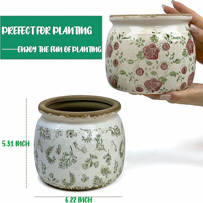 Vintage Ceramic Ice Crack Flower Pot with Drainage Holes, Country Rustic Planters for Indoor and Outdoor,Tuscan Decor,Home,Living Room, Garden Decor, Gardening Gift (Retro)