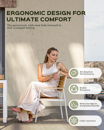 5-Piece Outdoor Dining Set, Aluminum Dining Table Set for 4, Patio Table and Chairs Set with Umbrella Hole, All Weather HDPS Outdoor Table and Chairs for 4 (White-Teak)