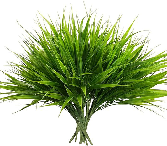 alyptus Artificial Grass Outdoor 12 Bundles Fake Plants Outside Green Onion Faux Greenery Shrubs for Front Porch Planters Pot Décor for Outdoors (Grass)