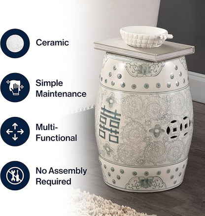 JONATHAN Y TBL1013C Double Happiness 18" Chinoiserie Ceramic Drum Indoor/Outdoor Garden Stool Bohemian, Coastal, Classic, Cottage, Traditional, Patio, Garden, Bathroom, Living Room, Gray Blue/White