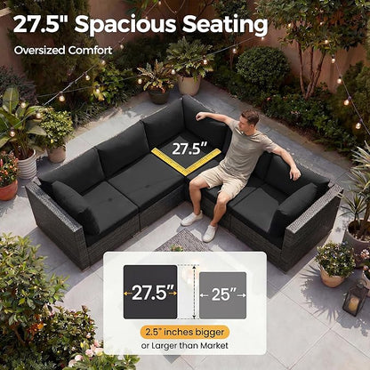 NICESOUL 6 Piece Modern L-Shaped Outdoor Sectional with Firepit Natural Gas/Propane, 29.3'' High Back Wicker Patio Furniture Set, Oversized Conversation for Exterior, 2 Color Cushion Black & Gray