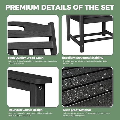 HDPE Outdoor Dining Set, Patio Table and Chairs Set, All-Weather 7-Piece Outside Table and 6 Chairs, 2" Umbrella Hole, Outdoor Furniture for Garden, Poolside, Backyard, Deck | Black