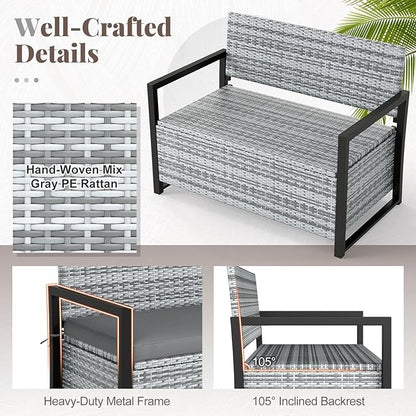 Tangkula 40 Gallon Outdoor Bench with Storage, Patio Wicker Storage Bench with Cushion, Cover, Metal Frame, Deck Box Seat for Backyard, Poolside, Balcony, Garden